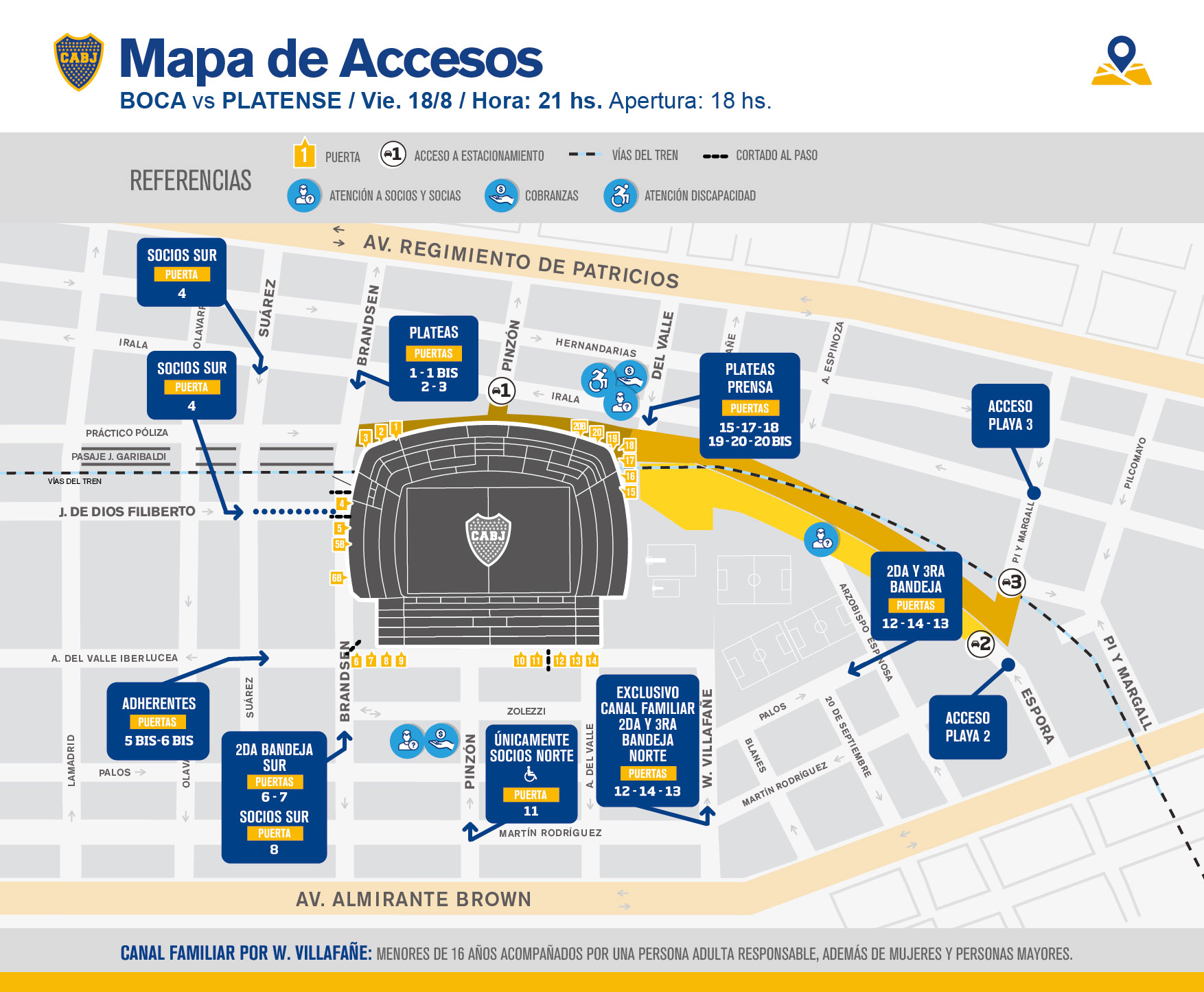 El mapa de accesos a La Bombonera para el partido ante Platense.